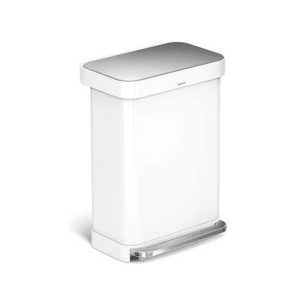 Simplehuman Trash Bin Rectangular With Liner Pocket - Stainless Steel - 55 Liter - White