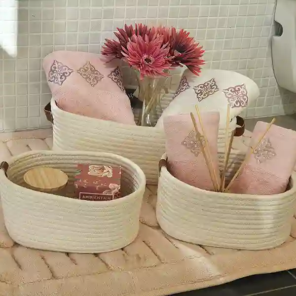 Weva Story Cotton Storage Basket With Leather Handle Set - 100% Cotton - 3 Pcs - Ivory