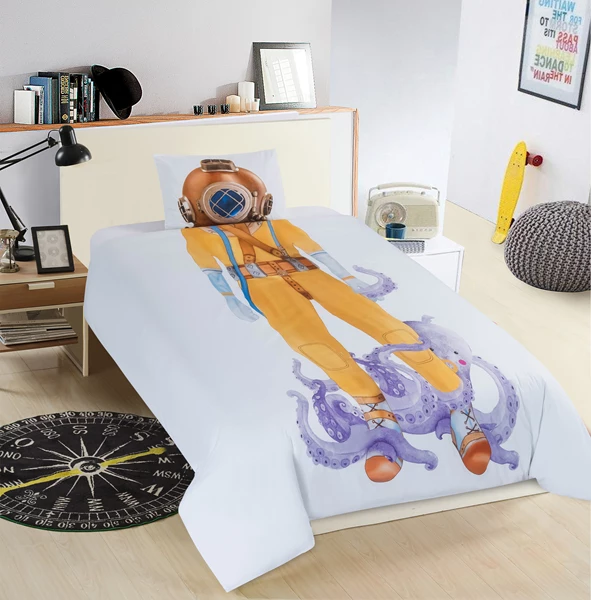 Nova Home "Diver " Kids' Duvet Cover Set - 100% Cotton 200 Thread Count, Queen - 4Pcs - White