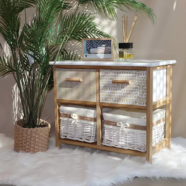 Weva "Keenan" Wood Storage Cabinet With 2 Drawers & 2 Baskets - Beige