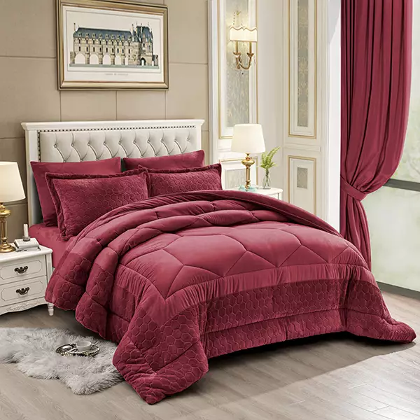 Nova Home Bee Cell Embossed Flannel Winter Comforter Set - Single & Twin- 4 Pcs - Burgandy