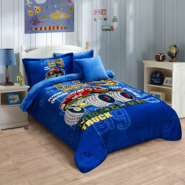 Nova Home Monster Truck Printed Velvet Flannel Winter Comforter Set - Single & Twin - 5 Pcs - Blue