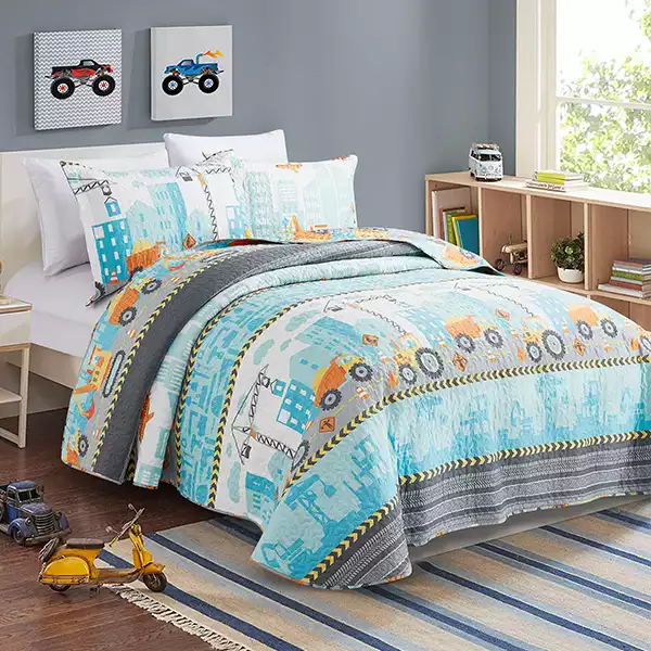 Nova Home Trucks Summer Bedspread Set With a Fitted Sheet - King & Super King - 4 Pcs - Blue