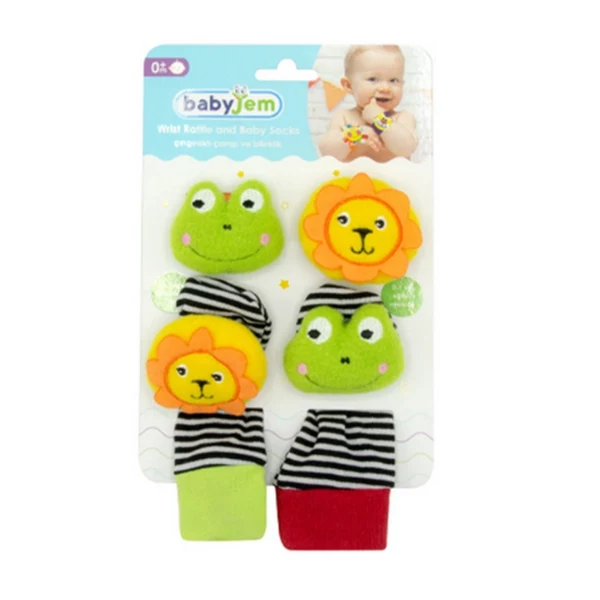 Babyjem Wrist Rattle and Baby Socks Lion & Frog - Multicolor