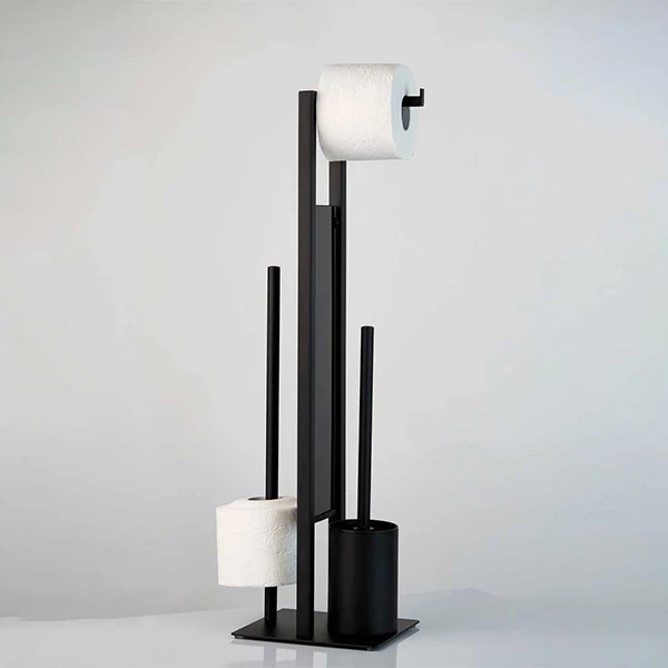 Wenko "Rivalta" Standing Toilet Paper Holder & Toilet Brush - Stainless Steel - Black