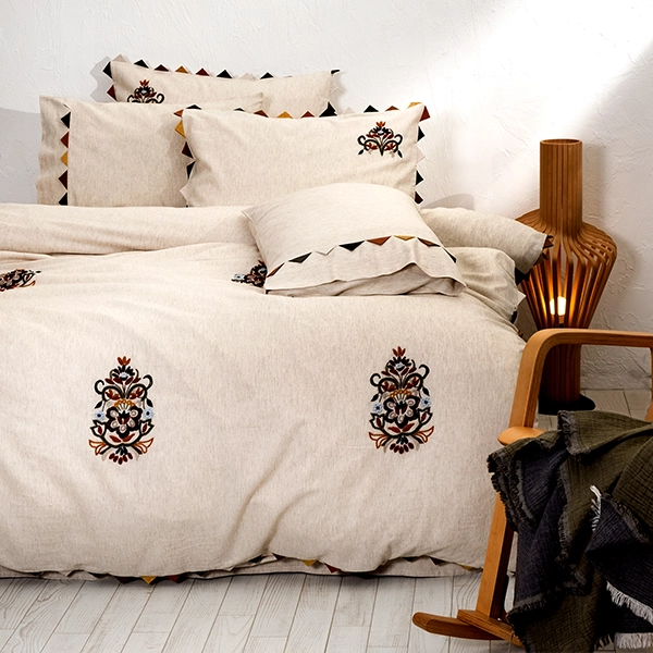EcoCotton Beria Embroidered Duvet Cover Set - King & Super King - 6Pcs - 100% Organic Cotton Linen - 300 Thread Counts - Beige