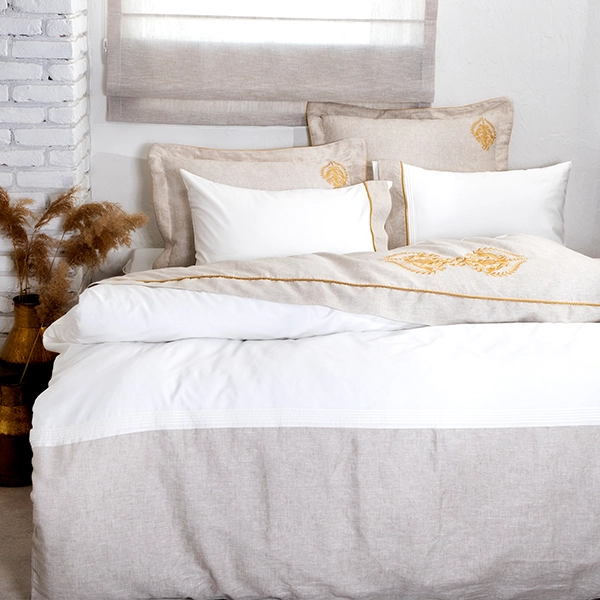 EcoCotton hanzade Embroidered Duvet Cover Set - King & Super King - 6Pcs - 100% Organic Cotton Satin & Linen - 300 Thread Counts - Cream & Gold