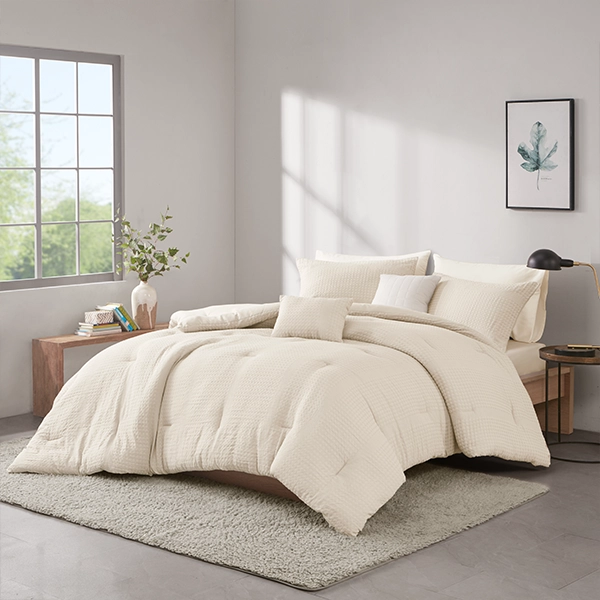 Nova Home Nari Waffle Jaquard Microfiber Comforter Set - King & Super King - 8Pcs - Ivory
