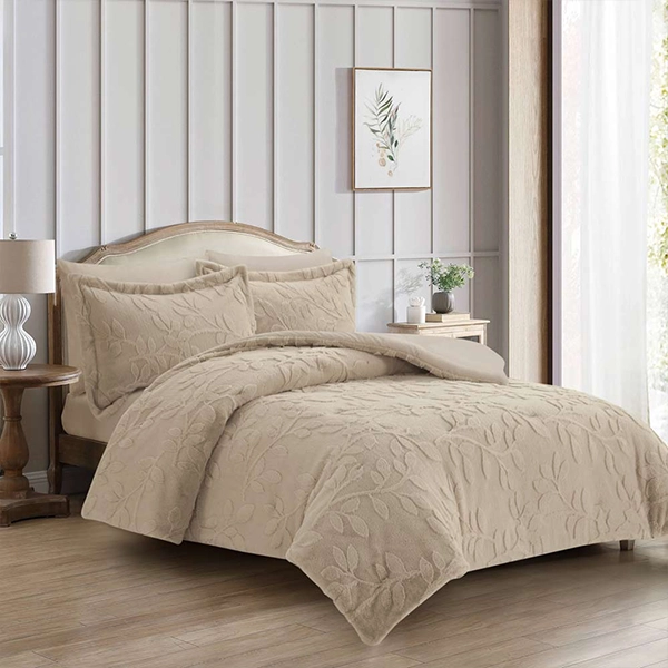 Nova Home Fleurfur Winter Jaquard Fur Comforter Set - Single & Twin - 4Pcs - Beige