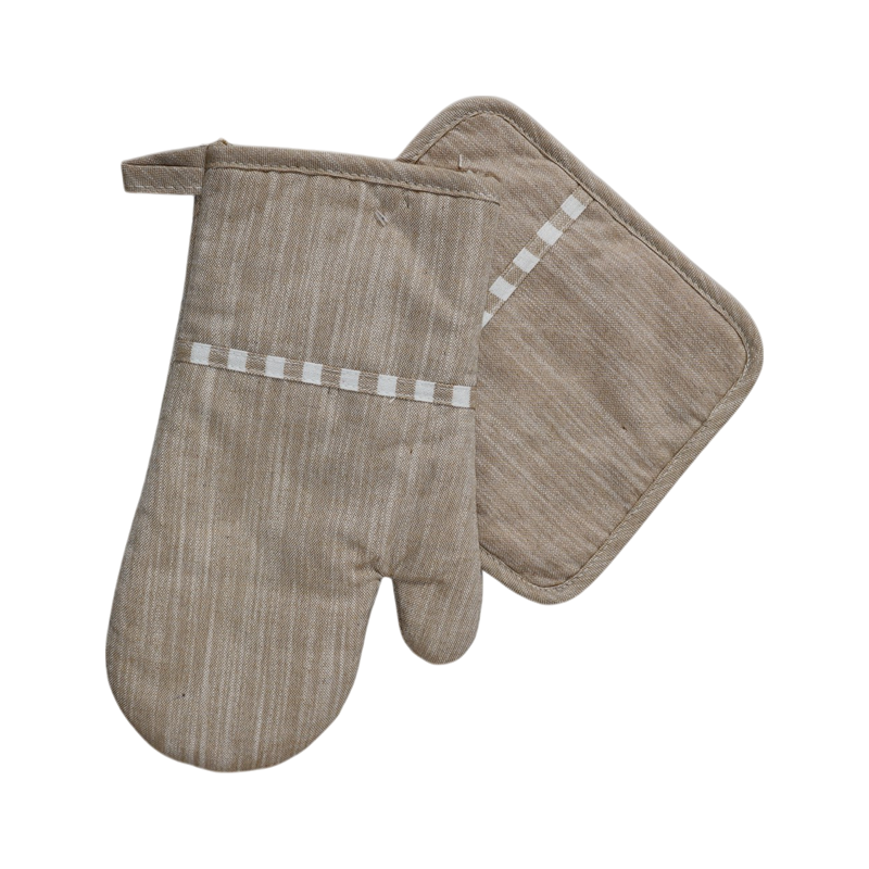Nova Home "Gourmet" Kitchen Oven Mitt & Pot Holder Set - 2Pcs - Poly Cotton - Beige