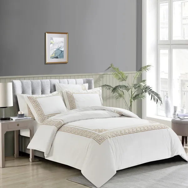 Nova Versace Embroidery Duvet Cover Set - 100% Cotton, 200 Thread - 6 Pcs - King & Super King - White & Gold