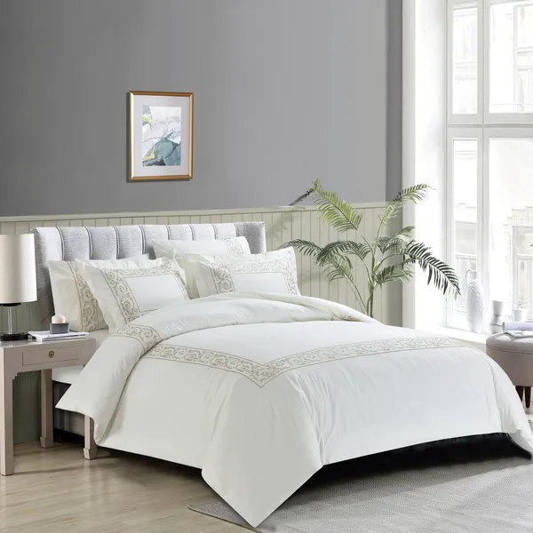 Nova Paisley Embroidery Duvet Cover Set - 100% Cotton, 200 Thread - 6 Pcs - King & Super King - White & Gold