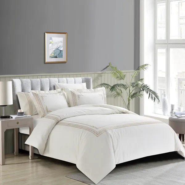 Nova Chain Embroidery Duvet Cover Set - 100% Cotton, 200 Thread - 6 Pcs - King & Super King - White & Gold