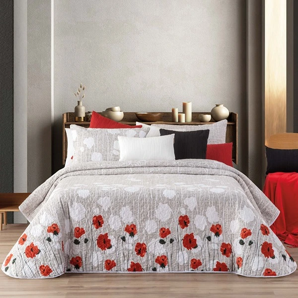 Manterol Bouti Amapola Reversible Bed Spread Set - 2 Pcs - Single & Twin - Grey & Red