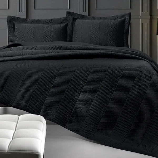 Nova Home Yildiz Satan Bed Spread Set - 3pcs - King & Super King - Black