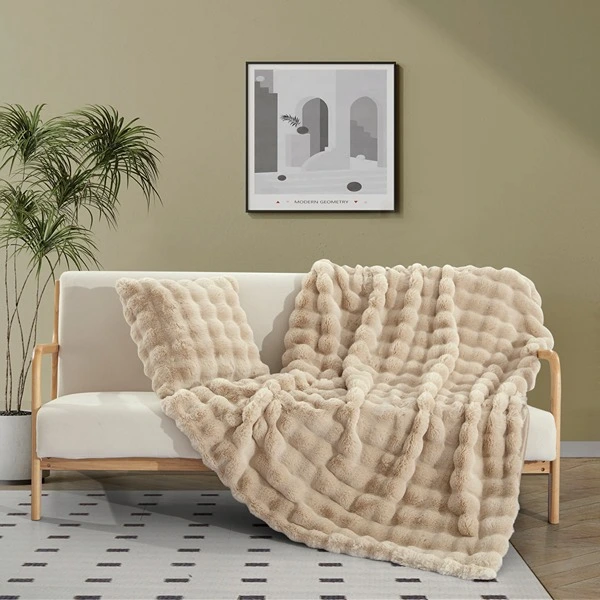 Nova Home Flow Weighty Fur Throw&Cushion Set - 2pcs - Beige