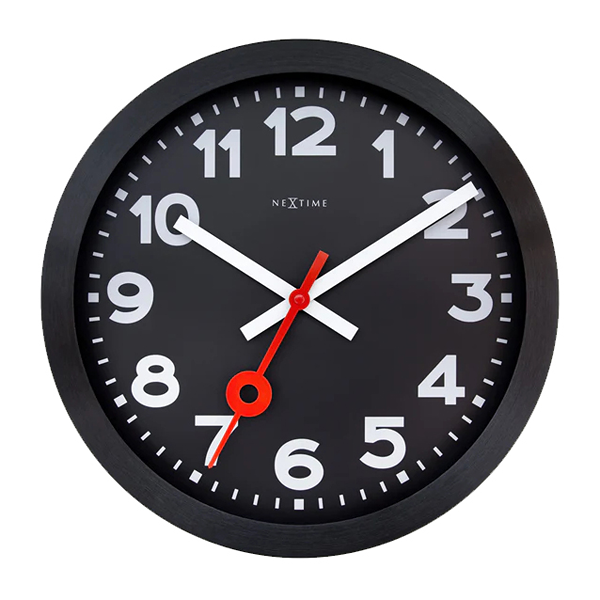 Nextime "Station All Black" Anodized Aluminium Wall Clock - 35 Cm - Black