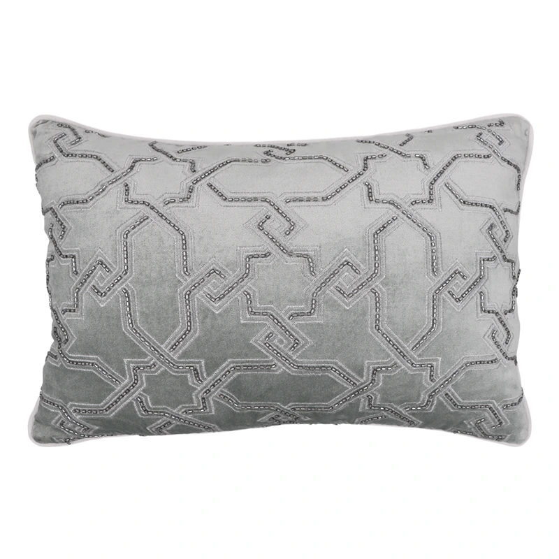 Nova Home Circuit Handmade Embroidered Velvet Cushion Cover with Bead – Silver – 35x50 cm