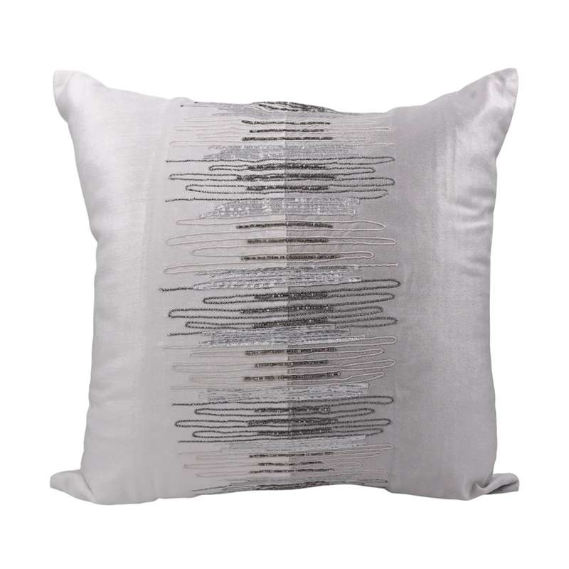 Nova Home Echelon Handmade Embroidered Velvet Cushion Cover with Bead – Silver – 50x50 cm