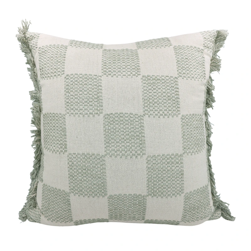 Nova Home Gingham Embroidered Cushion Cover with Fringes – 50x50 cm – Stone