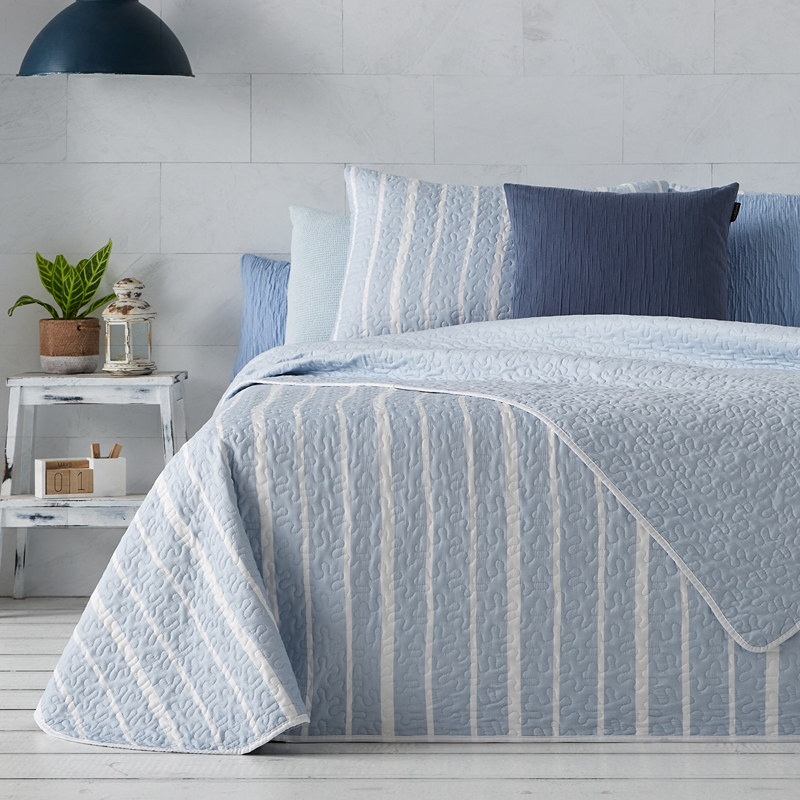 Manterol "Bouti Summer" Reversible Summer Bedspread Set - Blue (126 08) (Available in Sizes)