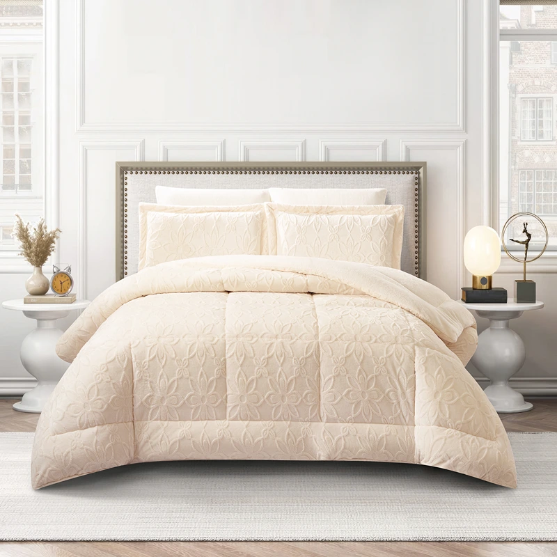 Nova Home Floriva Winter Jacquard Flannel Floral Comforter Set - Off White (Available In Sizes)