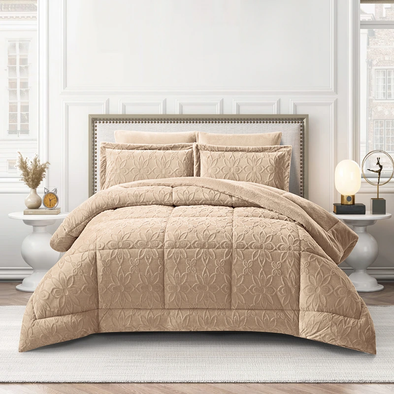 Nova Home Floriva Winter Jacquard Flannel Floral Comforter Set - Beige (Available In Sizes)