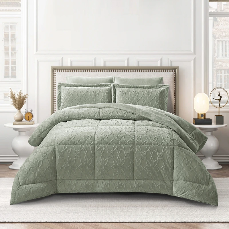Nova Home Floriva Winter Jacquard Flannel Floral Comforter Set - Green (Available In Sizes)