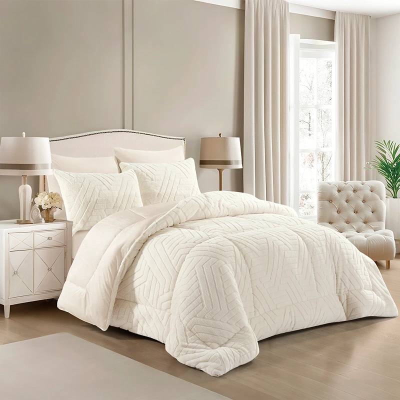 Nova Home Chevrone Winter Jaquard Fur Comforter Set with Soft Mink Backing - Ivory (Available In Sizes)