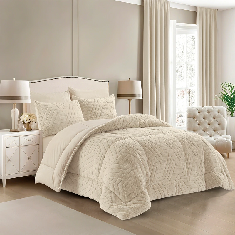 Nova Home Chevrone Winter Jaquard Fur Comforter Set with Soft Mink Backing - Beige (Available In Sizes)