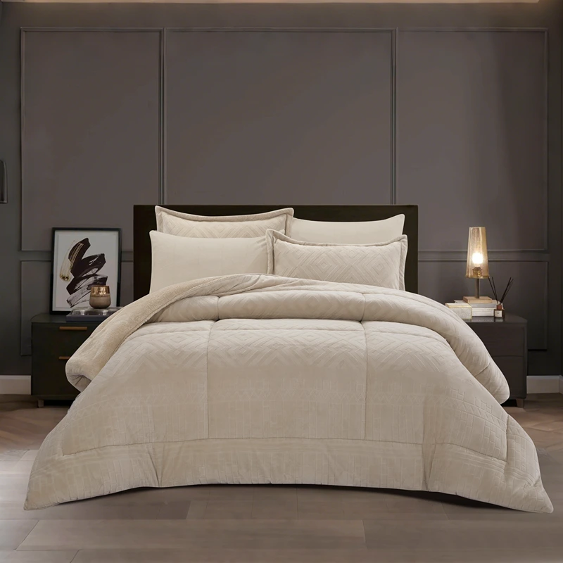 Nova Home Froska Winter Embossed Flannel Comforter Set with Soft Fur Backing - King/Super King - Beige