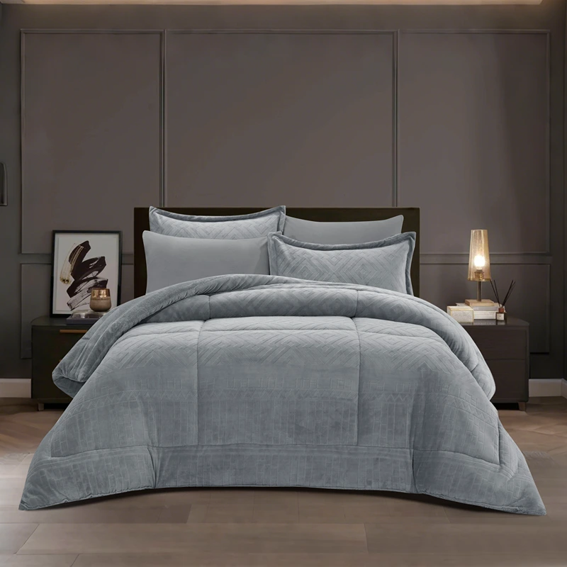 Nova Home Froska Winter Embossed Flannel Comforter Set with Soft Fur Backing - King/Super King - Grey