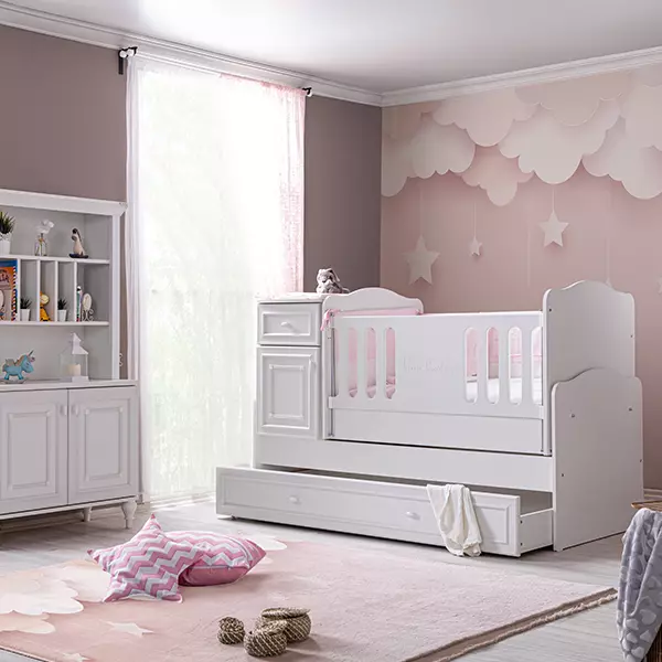 Pierre Cardin Aspendos Baby's Bed Convertible To Kid's Bed With Studying Desk - With Mattress - White