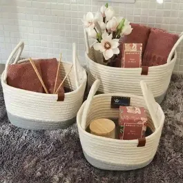 Weva Vital Cotton Storage Basket With Handle Set - 100% Cotton - 3 Pcs - Ivory & Grey product thumbnail 2