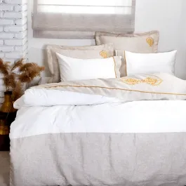 EcoCotton hanzade Embroidered Duvet Cover Set - King & Super King - 6Pcs - 100% Organic Cotton Satin & Linen - 300 Thread Counts - Cream & Gold product thumbnail 2