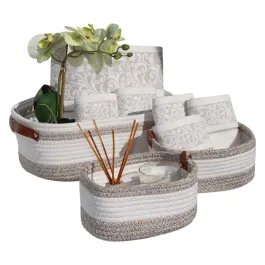 Weva Serene Cotton Storage Basket With Leather Handle Set - 100% Cotton - 3 Pcs - White/Brown product thumbnail 2