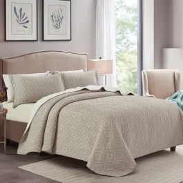 Nova Home Prismo Poly Cotton Jaquard Reversible Bed Spread Set - 3Pcs - King & Super King - Brown product thumbnail 2