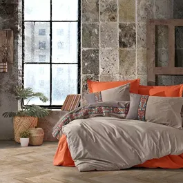 Nova Home True Embroidery Trim Duvet Cover Set - 100% Cotton - King & Super King - 4 Pcs - Grey & Orange product thumbnail 2