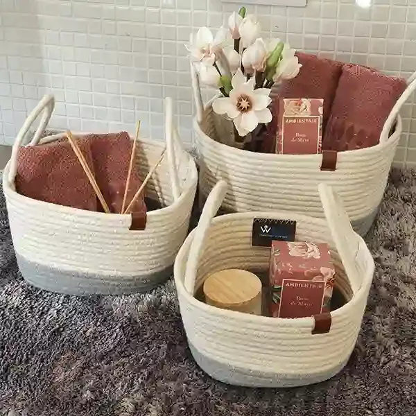 Weva Vital Cotton Storage Basket With Handle Set - 100% Cotton - 3 Pcs - Ivory & Grey product thumbnail 3