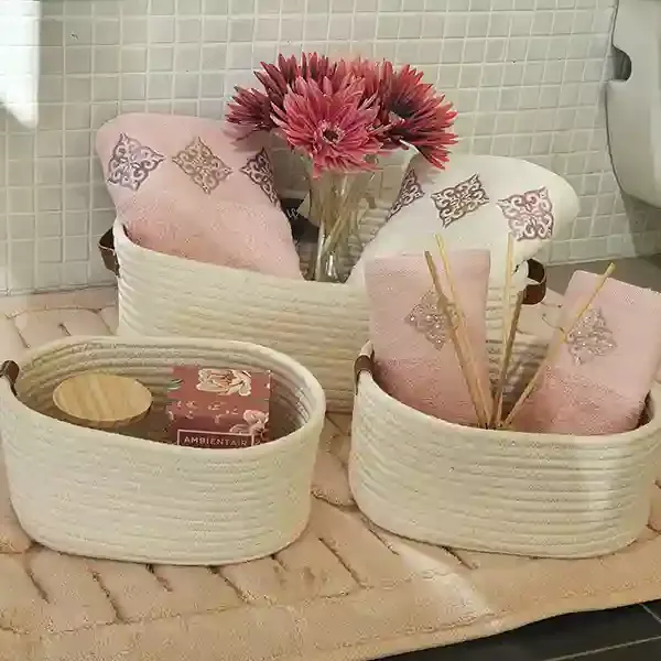 Weva Story Cotton Storage Basket With Leather Handle Set - 100% Cotton - 3 Pcs - Ivory product thumbnail 3
