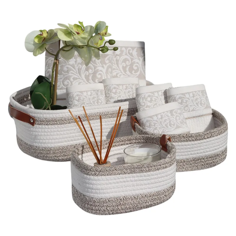 Weva Serene Cotton Storage Basket With Leather Handle Set - 100% Cotton - 3 Pcs - White/Brown product thumbnail 3