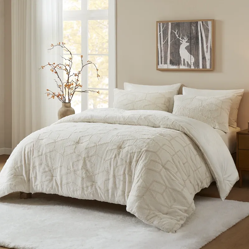 Nova Home Geotri Winter Embroidered Fur Comforter Set with Micro Mink Backing - Ivory (Available In Sizes) product thumbnail 8