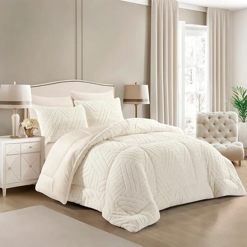Nova Home Chevrone Winter Jaquard Fur Comforter Set with Soft Mink Backing - Ivory (Available In Sizes) product thumbnail 11