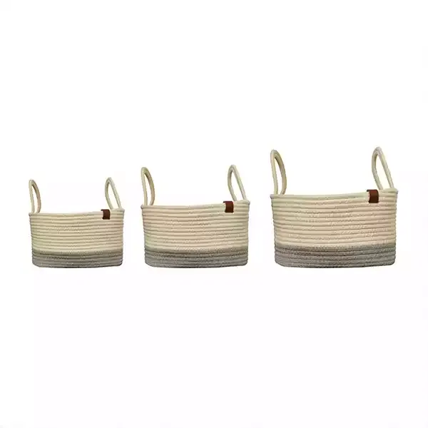 Weva Vital Cotton Storage Basket With Handle Set - 100% Cotton - 3 Pcs - Ivory & Grey product thumbnail 2