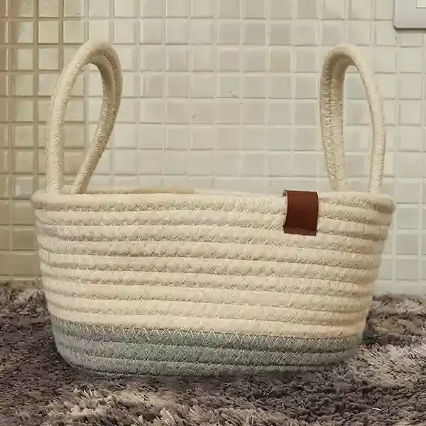 Weva Vital Cotton Storage Basket With Handle Set - 100% Cotton - 3 Pcs - Ivory & Grey product thumbnail 4