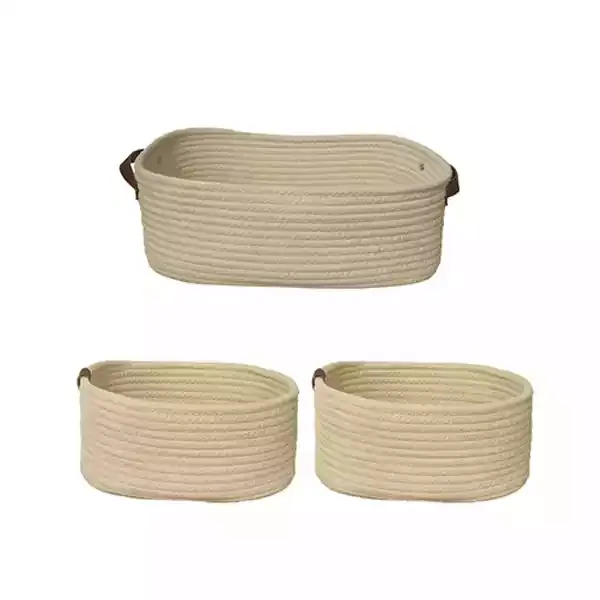 Weva Story Cotton Storage Basket With Leather Handle Set - 100% Cotton - 3 Pcs - Ivory product thumbnail 2