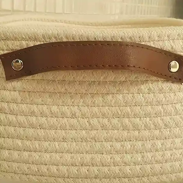Weva Story Cotton Storage Basket With Leather Handle Set - 100% Cotton - 3 Pcs - Ivory product thumbnail 3