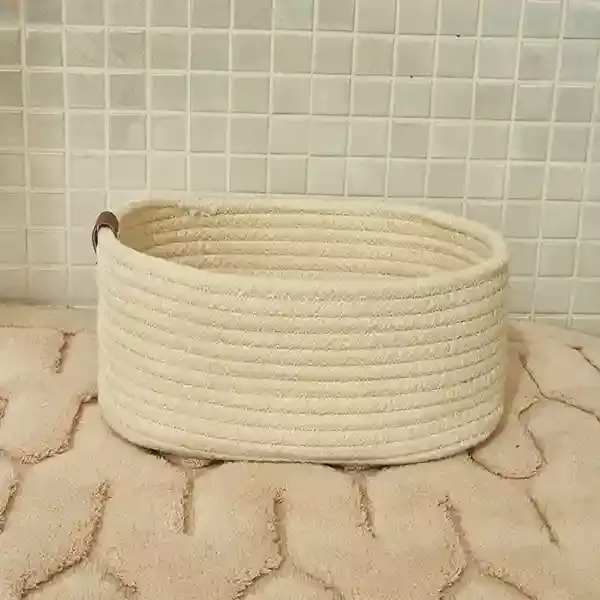 Weva Story Cotton Storage Basket With Leather Handle Set - 100% Cotton - 3 Pcs - Ivory product thumbnail 5