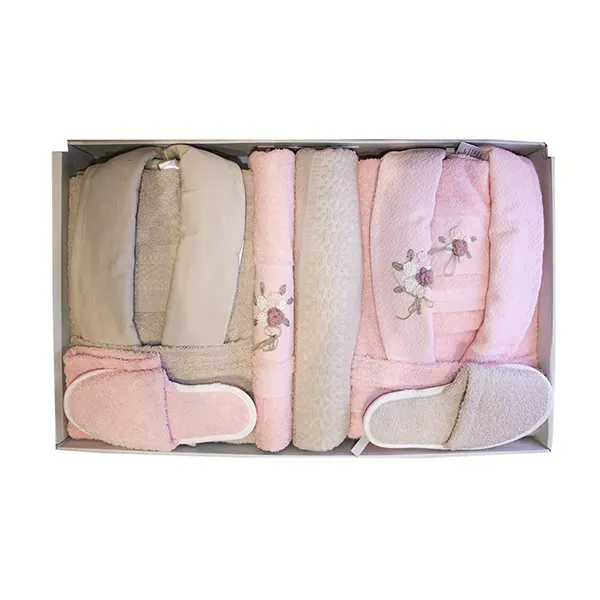 Weva Fancy Family Bathrobe Set - 100% Turkish Cotton - 12 Pcs - Pink & Taupe product thumbnail 6