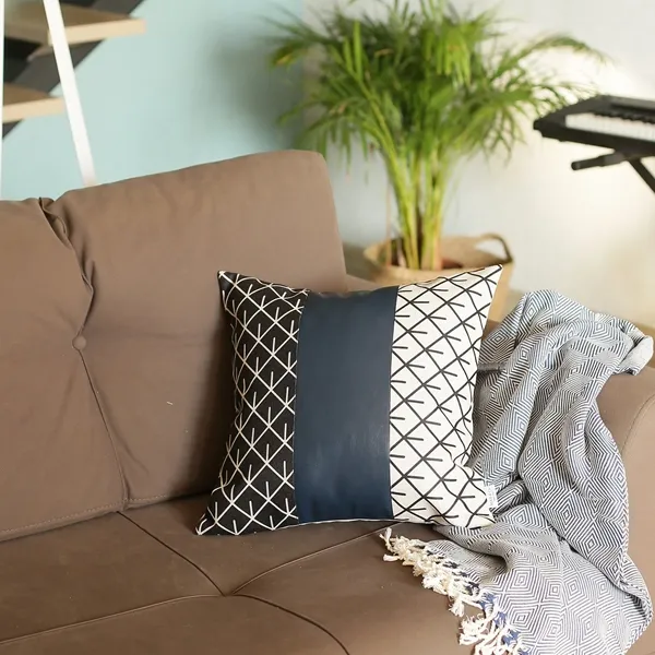 Nova Home Boho Chic Leather & Jacquard Cushion Cover - 45x45 cm - Navy & Black product thumbnail 2